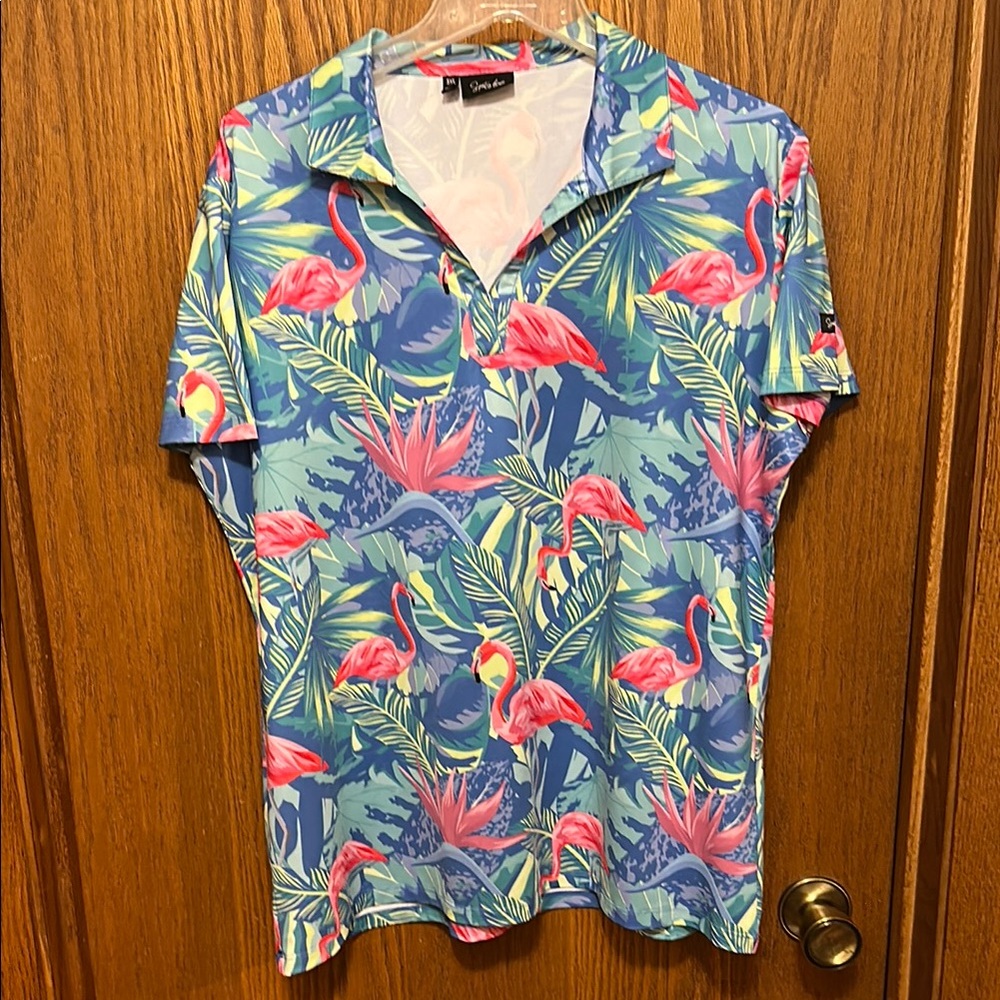 Blue Flamingo Print Women’s Polo